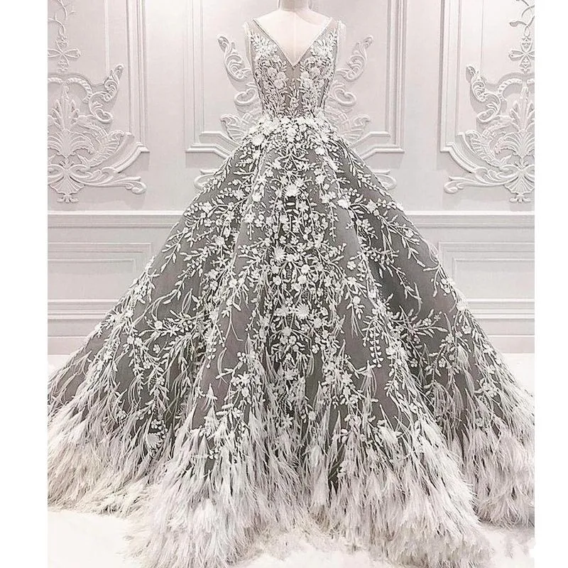 Aso Ebi Перья Кружева Вечерние платья с глубоким v-образным вырезом Выпускные платья Формальные 3D Кружева Аппликации халат de soiree Африканский свадебное платье