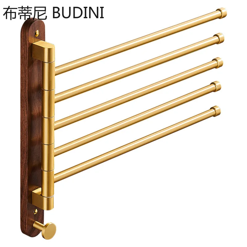 Bathroom Black Walnut Gold Rotating Towel Rack Space Aluminum Belt Hook Folding Bathroom Movable Towel Bar Shower Shelf
