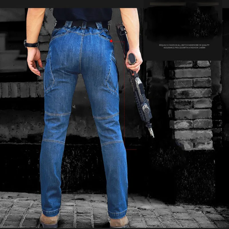 Мужские тактические джинсовые брюки эластичные полной длины с несколькими