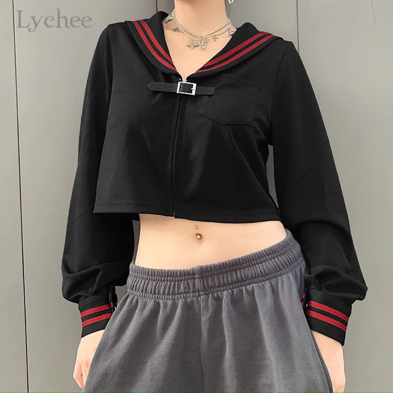 remarkable  Lychee Harajuku Casual Preppy Zipper Female Crop Coats Sailor Collar Stripe Women Jacket Spring Aut