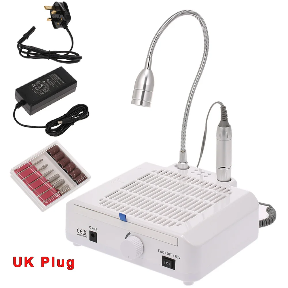White UK Plug 3 в 1 дрель для ногтей светодиодный настольный светильник для пылесборника для ногтей маникюрный набор с сверлами 25000 об/мин Дрель Ручка для дизайна ногтей пылесос вентилятор - Цвет: White UK Plug
