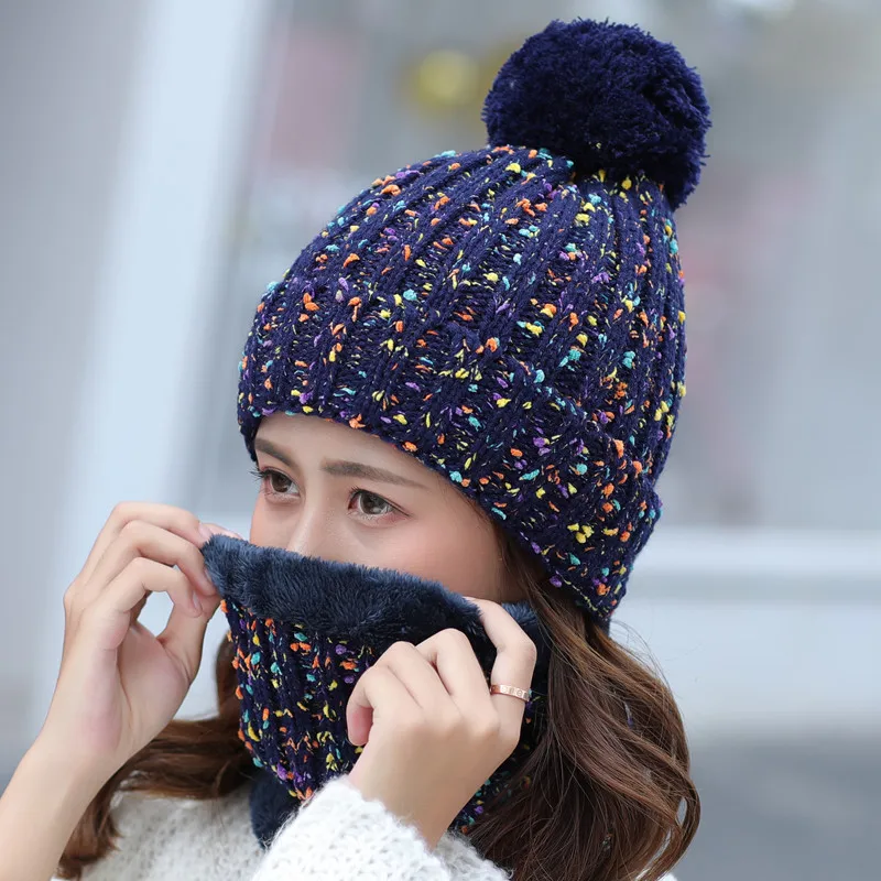 Women's Winter hat and Scarf Set Wool Skullies Beains Cotton Thick Winter Warm Hat Ring Scarf Female Hats Men