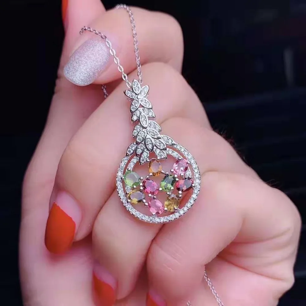 Natural tourmaline S925 Pendant Necklace, candy color, suitable for women