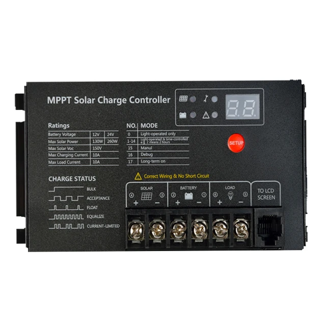 

High efficiency 10A MPPT solar charge controller 12v/24v auto recognition waterproof for home application CE ROHS Certification