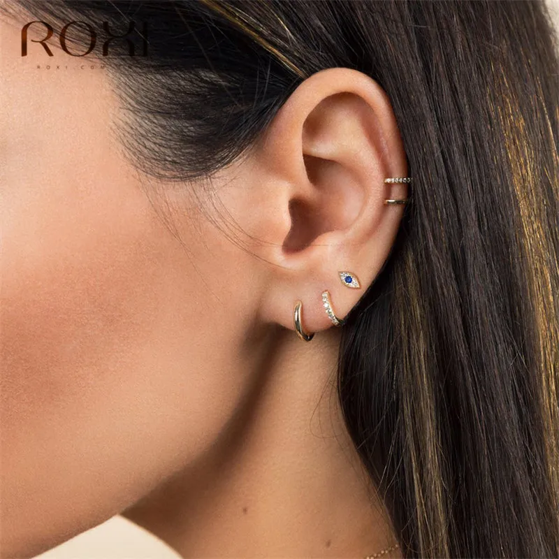 ROXI 925 пробы серебряные мини циркониевые голубые глаза маленькие серьги-гвоздики для женщин ювелирные изделия турецкий глаз маленькие серьги в стиле панк