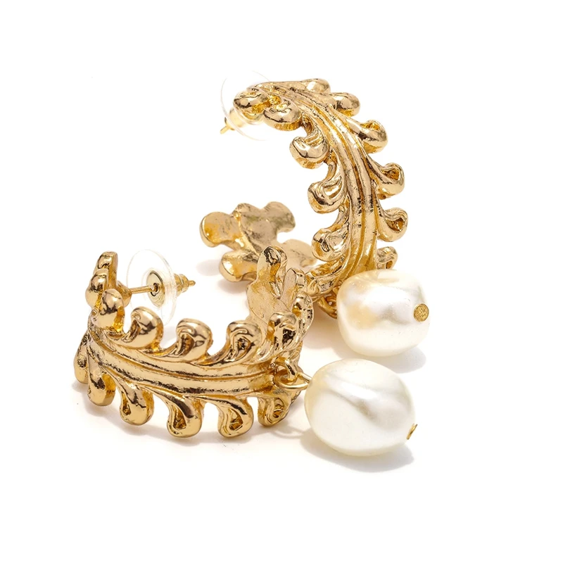 Junlead Fashion ZA Design Gold Round Simulated Pearl Dangle Earrings C Shaped Hoop Statement Drop Earrings for Women Jewelry