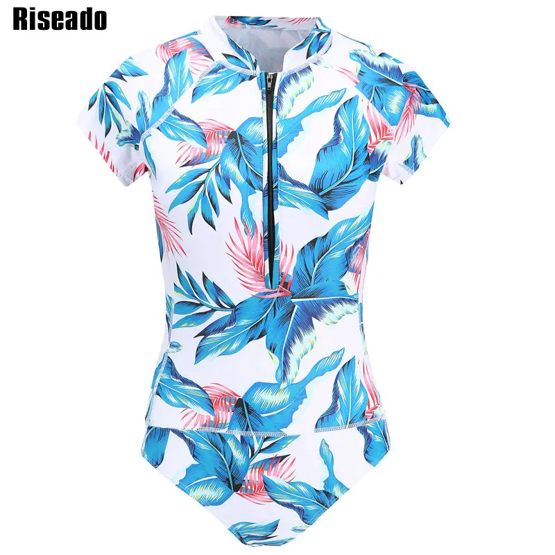 

Riseado Sport Swimwear Women 2019 Rash Guards One Piece Swimsuit Women Short-sleeved Leaf Printing Zipper Design Bathing Suits