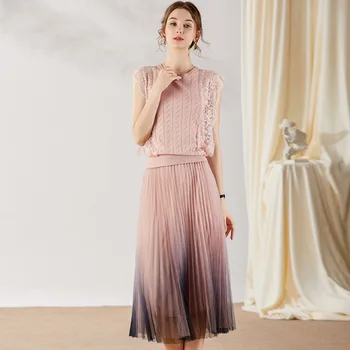 

2 Piece Set Women Fashion 2020 Summer Lace Patchwork Round neck Sleeveless Elastic Knitted Top + Mesh skirt Suits Female S-XL