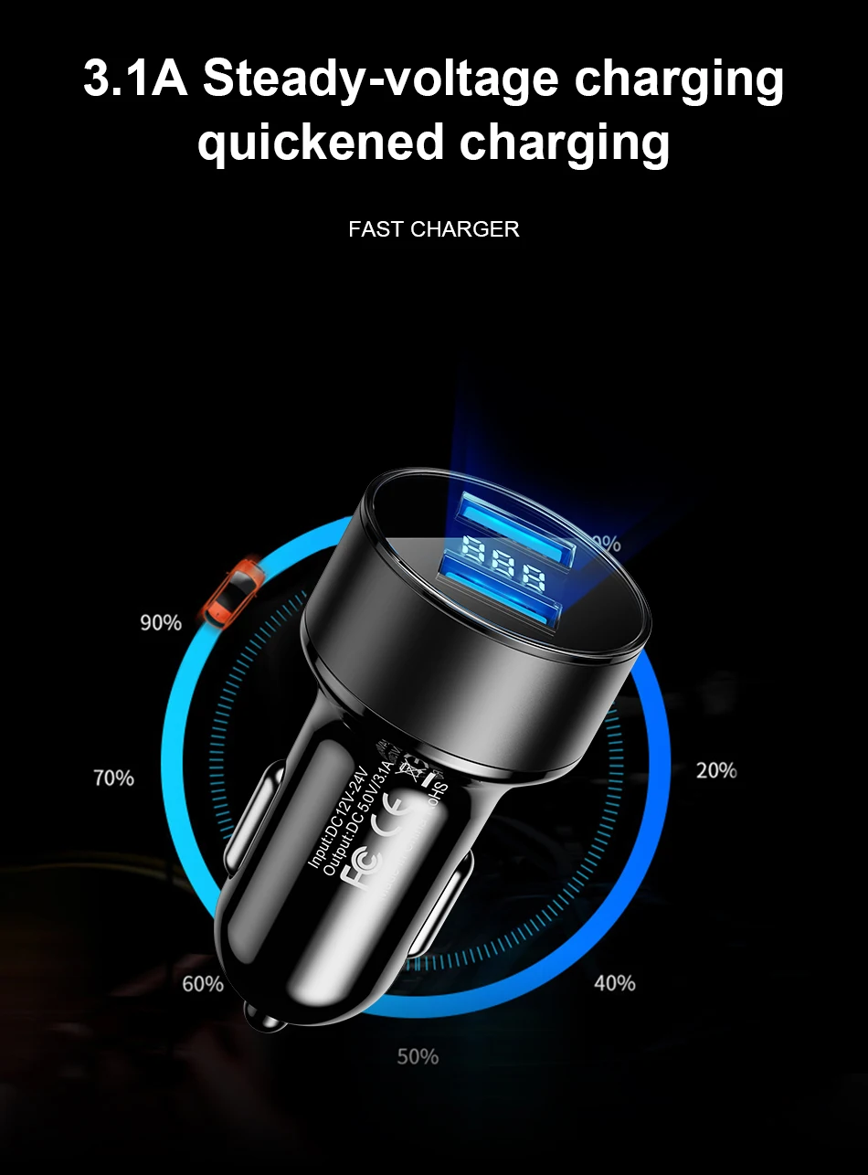 3.1A светодиодный дисплей двойной USB Автомобильное зарядное устройство Универсальный мобильный телефон автомобильное зарядное устройство для samsung S10 S8 Plus iPhone 11 Pro 6 7 8 Plus планшет