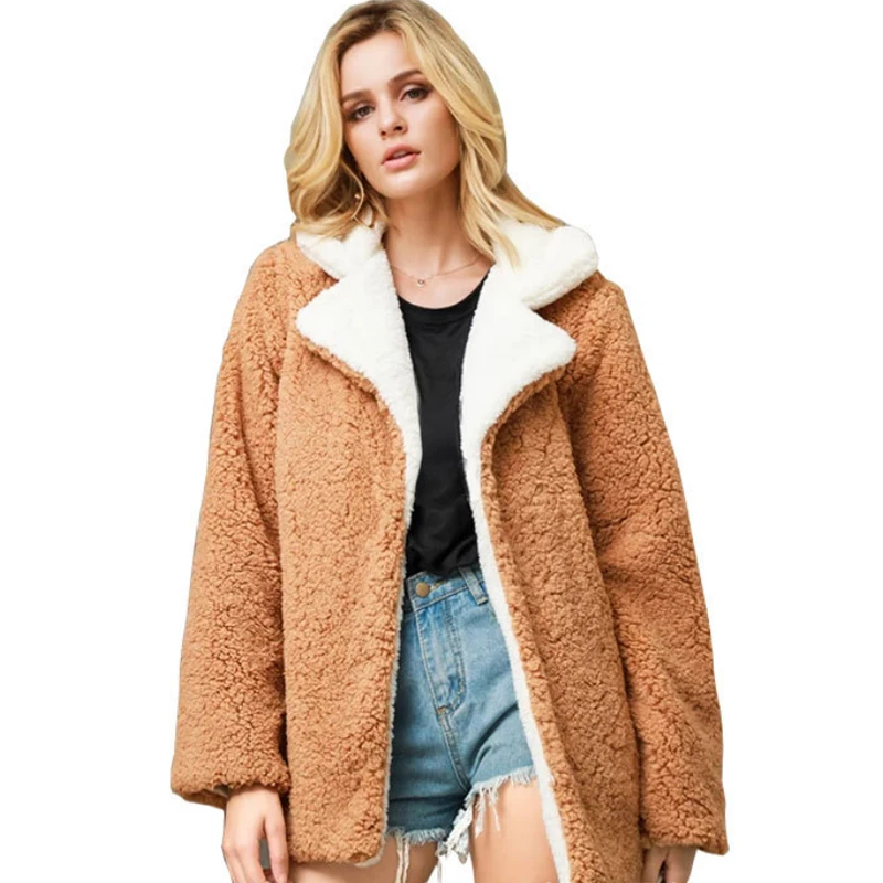 Liva girl из искусственного меха пальто Для женщин зима теплая кожаная куртка с отложным воротником; Меховая куртка Женская Плюшевые пальто Повседневное Искусственный мех верхняя одежда
