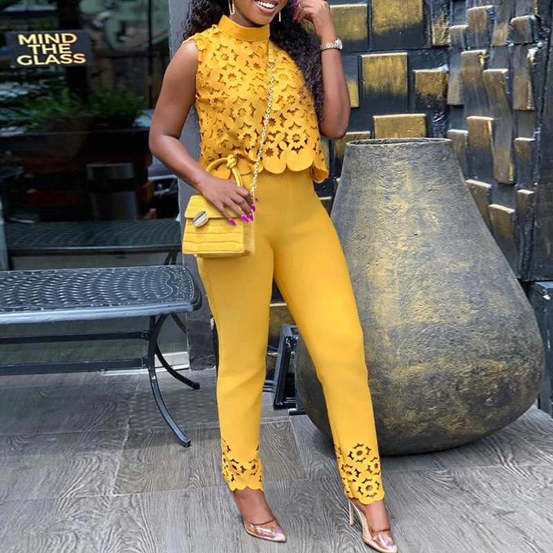 de Top y pantalones de encaje de cuello alto para Mujer, conjunto de piezas, chándal amarillo liso, 2019|Trajes de pantalón| - AliExpress