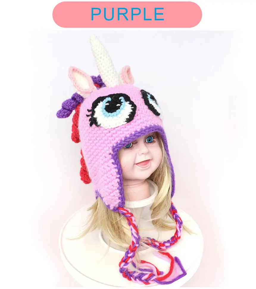 Purple New Unicorn Knit Hat for Girls Cap Animals Kids Winter Hats Cartoon Unicorn Baby Caps Ponytail Beanie Kids Under 6 Year Old - Цвет: Purple