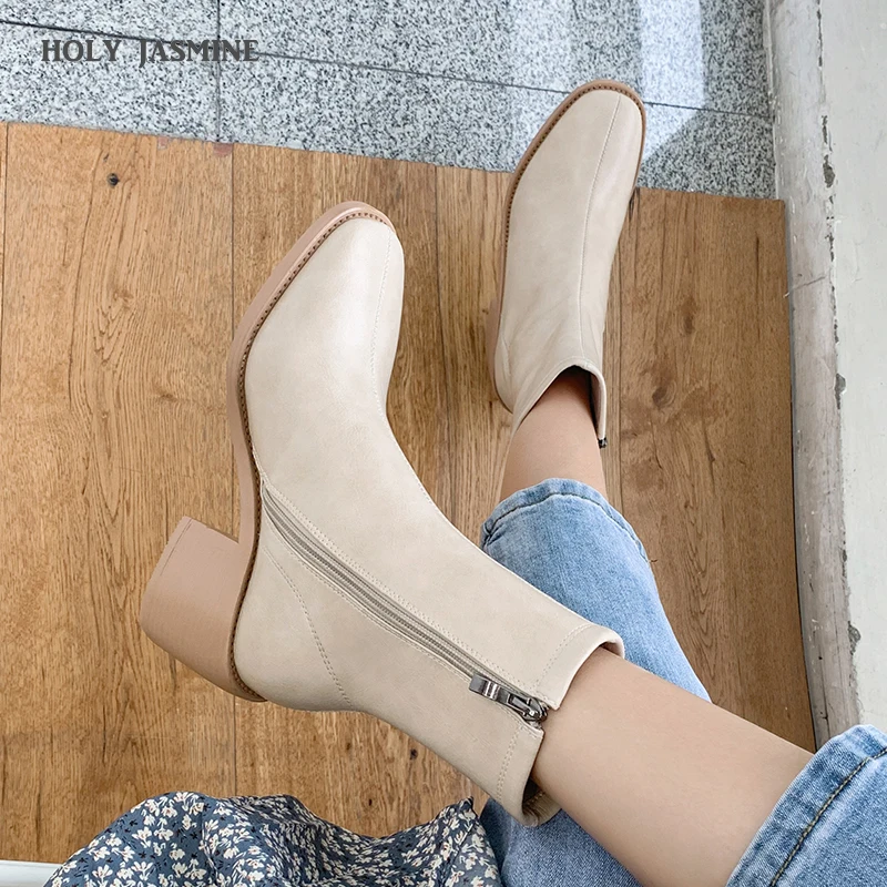 Women Leather High Heel Shoes Women Ankle Boots Warm Winter Shoes Women Zipper Sexy Casual Footwear Size 34-41 New Women Shoes