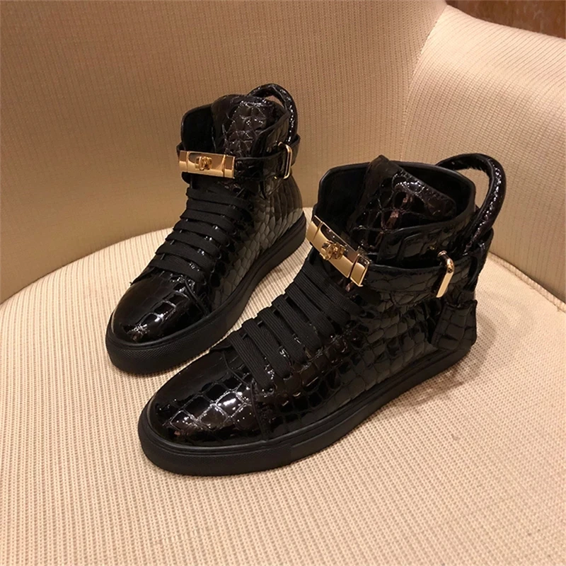 Men Embossed High Top Sneakers Lock Lace Red Metal Real Leather