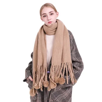 

High Quality Faux Cashmere Scarf Ladies Super Thick Pashmina Khaki Cashmere Shawl Tassel Stole Scarf For Women Pompoms Scarves