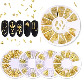 

1 Box 3D Gold Silver Nail Art Decoration Star Flat Bottom Nail Studs Line Mixed Size DIY in Wheel Gold and silver hollow disc
