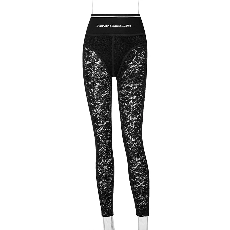 Sexy Lace Patchwork Corset Pants Women Letter Printed Leggings with Side Zipper See Through Trousers Summer Night Party Clubwear tights for women