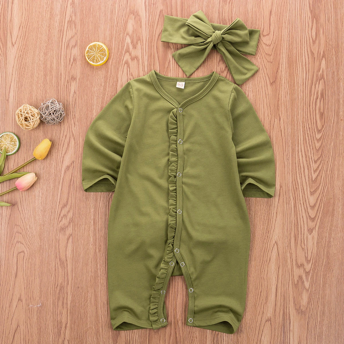 Emmababy Одежда для маленьких девочек и мальчиков однотонная Цвет с рюшами и длинными рукавами, Buttton Детский комбинезон с повязкой-бантом, комплект из 2 предметов, одежда