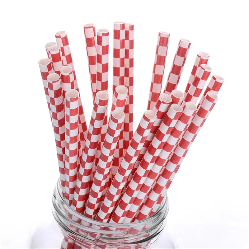 25pc RedGrid Straw Черно-белая клетчатая одноразовая посуда вечерние бумажные соломинки для напитков F1 Formula Celebration Craft вечерние принадлежности для дня рождения - Цвет: 25pc RedGrid Straw