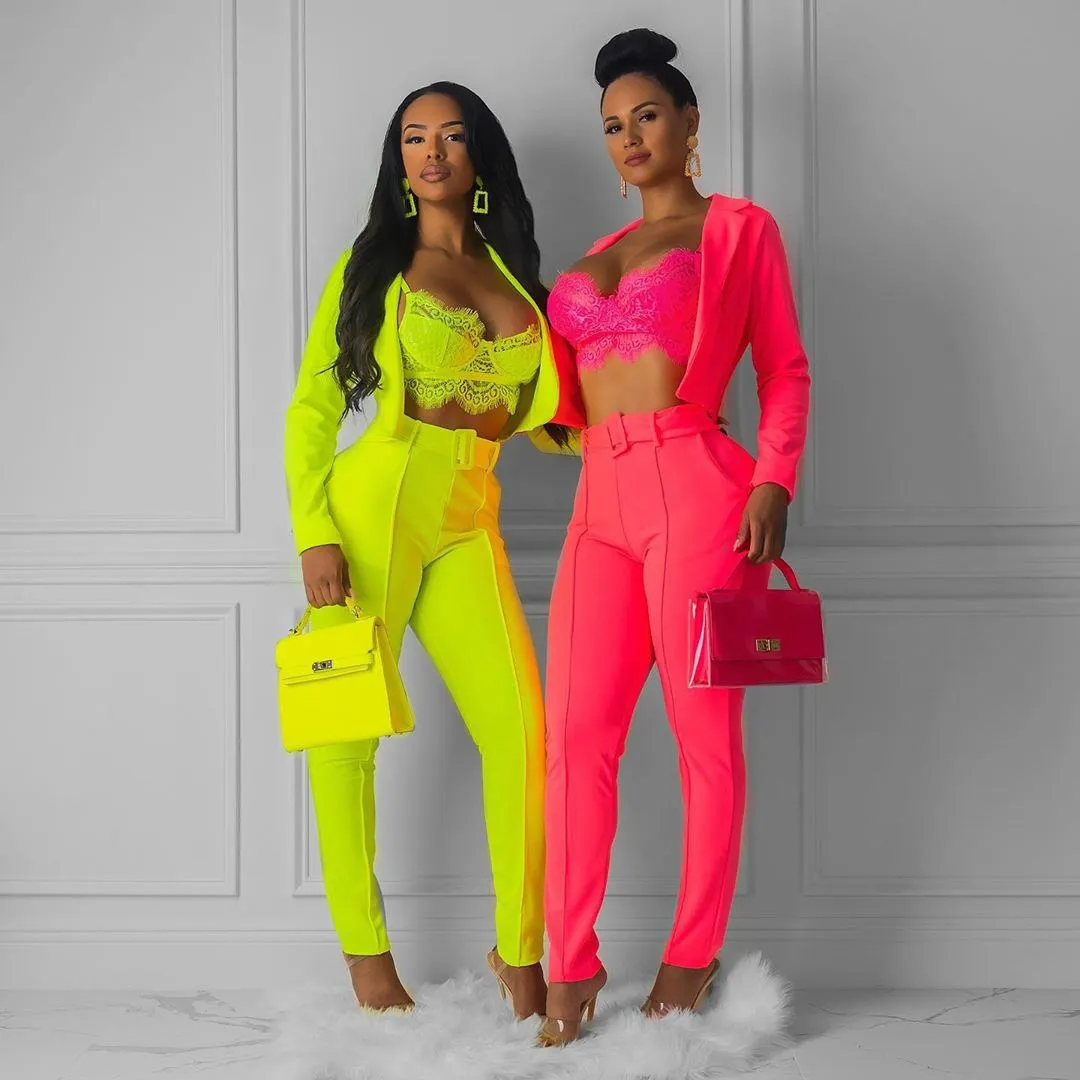 Discount Neon Blazer Set Women Suits Office Sets Sashes Cropped Blazer And Pants Suits Fall 2019  Ladies Suits Slim 2 Pieces Set