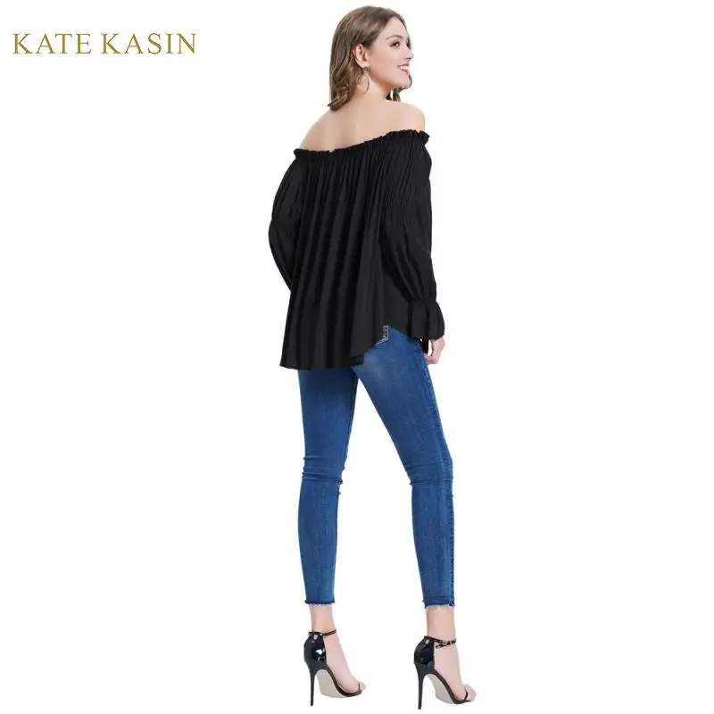 Kate Kasin женская рубашка в стиле ренессанса, Пиратская блузка, винтажная, с длинным рукавом, с открытыми плечами, удобная туника, топы, блузки, рубашка с вырезом лодочкой