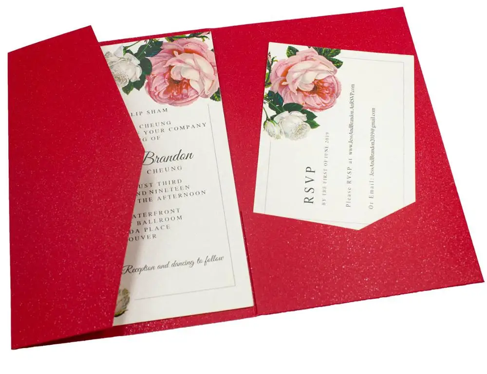1 шт. свадебные пригласительные открытки бордовый темно-синий серый цвета слоновой кости три раза Блестящий лазерный Покет пригласительный конверт - Color: red