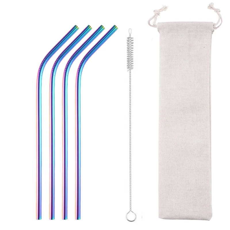 4pcs-4bent1 Многоразовый металлический питьевой соломинки 304 соломинки из нержавеющей стали прямой согнутой питьевой соломы с чистящей косметичка оптом - Цвет: 4pcs-4bent1