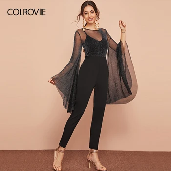 

COLROVIE Black Exaggerated Flounce Sleeve Glitter Mesh Bodice Jumpsuit Without Cami Women 2020 Spring Skinny Sexy Jumpsuits