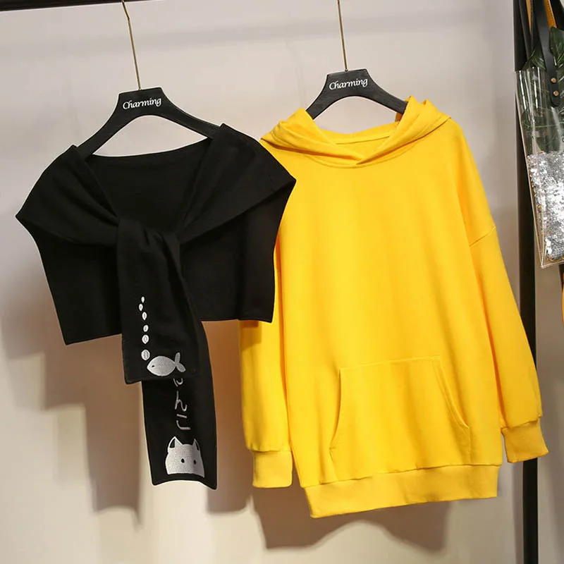 Осенняя Женская толстовка размера плюс, обхват груди 144 см, 6XL, 7XL, 8XL, 9XL, Женская толстовка желтого цвета, комплект из двух предметов
