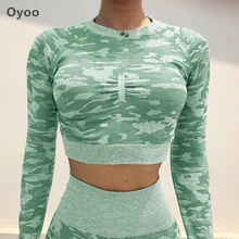 Oyoo Sage green camo укороченный топ с длинными рукавами Камуфляжный укороченный топ для йоги с отверстием для большого пальца бесшовные спортивные майки для женщин