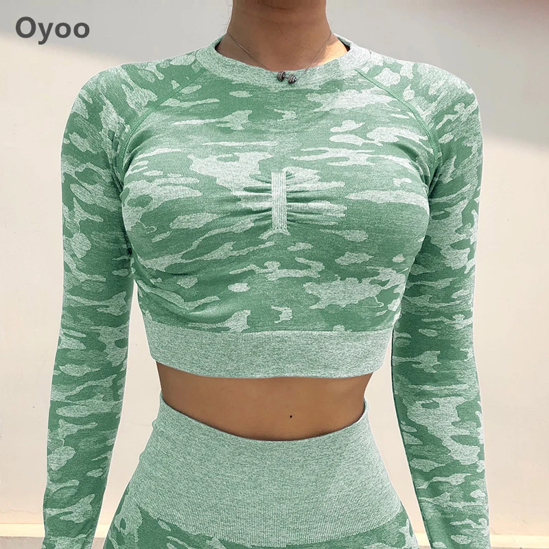 Oyoo Sage green camo crop top long sleeves camouflage cropped yoga gym with thumb hole seamless sport jerseys for women | Спорт и