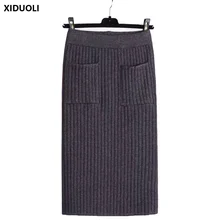 XIDUOLI, элегантные миди юбки-карандаш, высокая талия, эластичная лента, вязаная юбка в рубчик, женская зимняя Толстая теплая плиссированная юбка с разрезом
