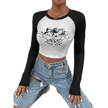 

Women Short Tops Pattern Printing Contrast Stitching Long-sleeved Round Neck Female Blouse