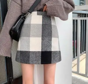 grey short Ретро большая клетчатая твидовая юбка осень зима прямая Высокая талия короткая юбка Мини Винтаж для женщин Jupe Courte Faldas Cortas Gonne - Цвет: grey short