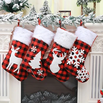 

4pcs Christmas Stocking Embroidered Lattice Candy Bag Xmas Tree Ornament Home Decoration