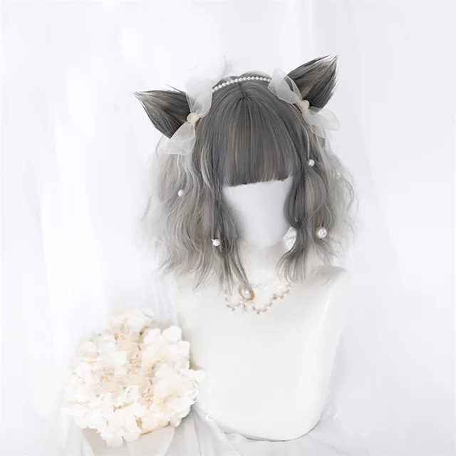 Cosplaysalon 30 65CM Lolita Blonde Mixed Grey Ombre Short Long Wavy Bob Bangs Cat Earshot Halloween Cosplay Wig