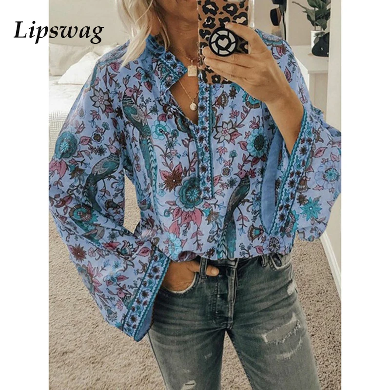 Lipswag 2019, блуза в стиле бохо, Павлин, цветочный принт, длинный рукав, рубашка, повседневная, v-образный вырез, женские топы, лето, Осень, шикарные... Lipswag 2019, блуза в стиле бохо, Павлин, цветочный принт, длинный рукав, рубашка, повседневная, v-образный вырез, женские топы, лето, Осень, шикарные...