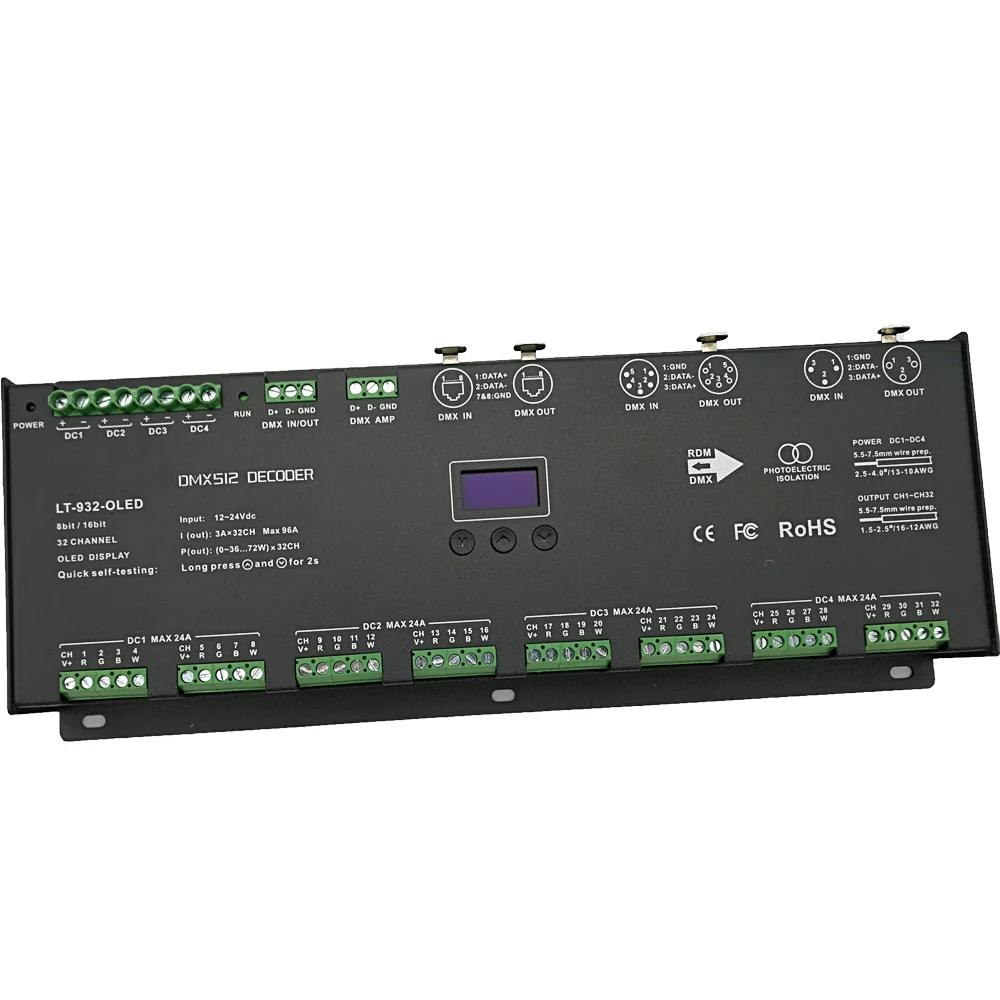 Новый 32 канала DMX PWM декодер DC12 24V Вход 3A * 32CH 96A 2304W Выход RGB/RGBW ленты контроллер XLR 3 5