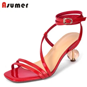 

ASUMER 2020 top quality genuine leather sandals women ankle buckle unique high heels sandals ladies party wedding shoes red