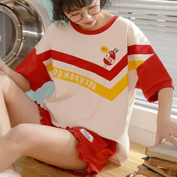 

Pajama women's summer thin short sleeve cotton Korean college style home clothes Korean fresh girl Pajama two piece set summer