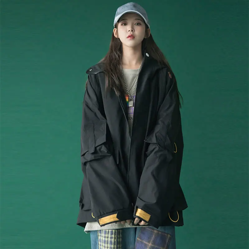 Tide Plus Size Jacket Patchwork Letter Pocket Safari Style Vintage Hooded Collar Full Sleeve Personality Coat Top D598