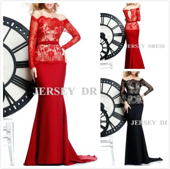 

free shipping 2016 vestidos formales design long-sleeve lace bridal evening gowns plus size black dress red long prom dresses