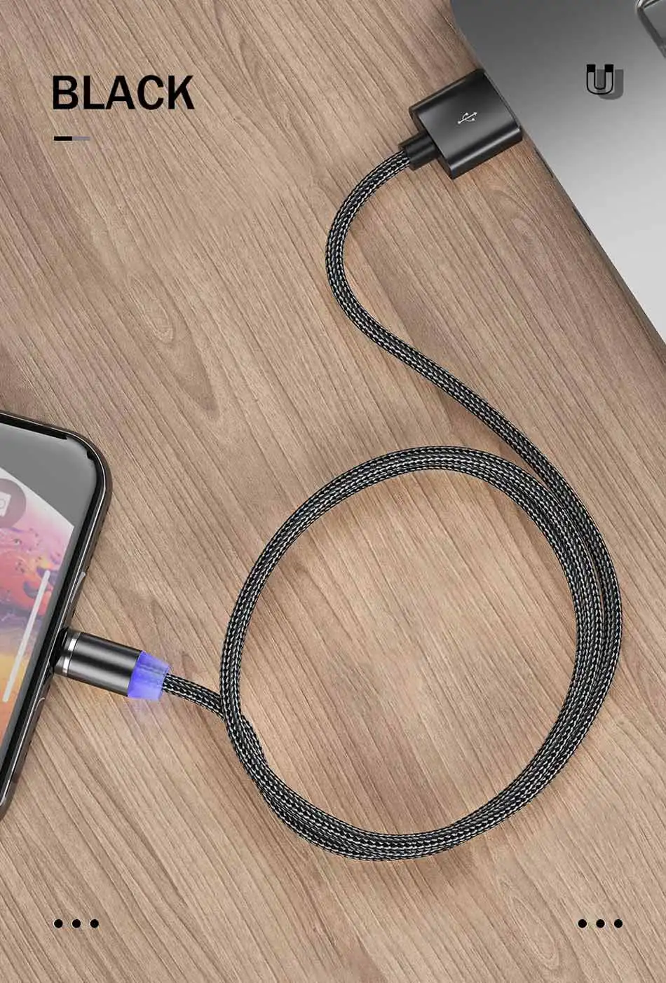 YKZ Магнитный кабель Micro USB кабель для Xiaomi redmi samsung s7 360 A быстрое зарядное устройство кабель для зарядки градусов шнуры кабель microusb - Цвет: Черный