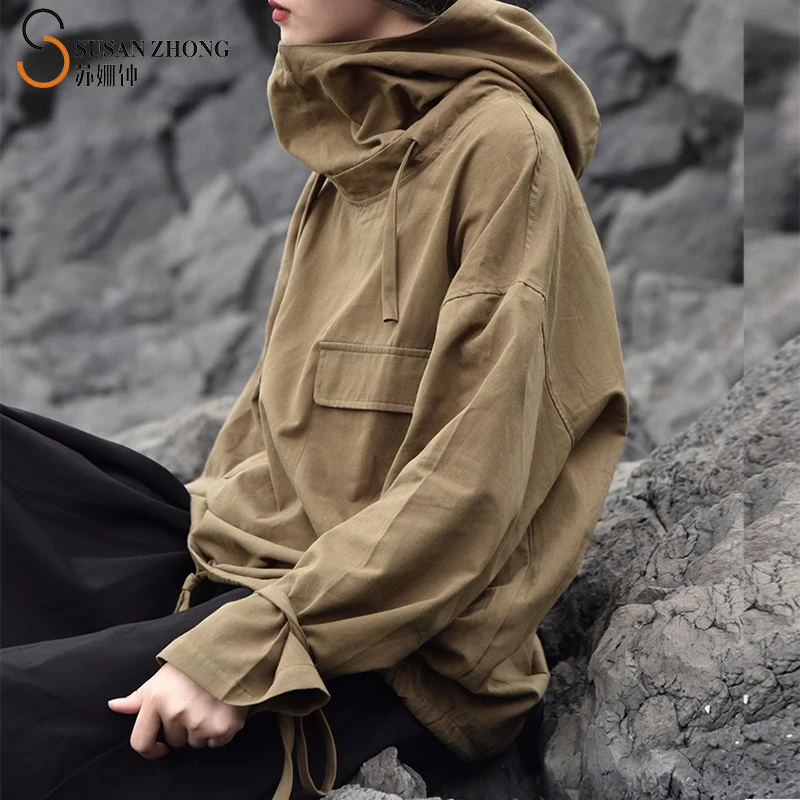 

Women Hoodies Female Tops Safari Loose Hooded Drawstring Drop Shoulder Lace-Up Waist Strap Cuff TurtleneckÂ Batwing Flare Sleeve