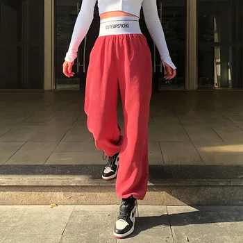 

Streetwear Loose Corduroy Pants Women Letter Print Patchwork Elastic High Waist Pants Casual Drawstring Trousers New