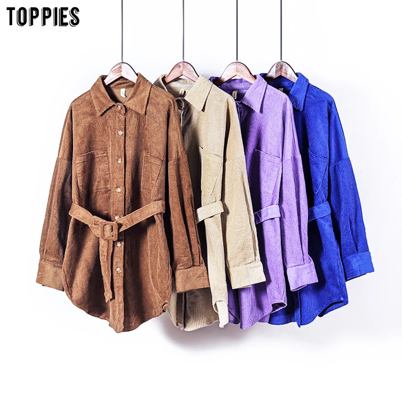 

toppies 2020 Vintage Corduroy Jacket Coat Women Long coat Oversize shirt Jacket belt waist Outfit