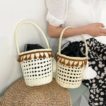 

Hand-woven Straw Bag Summer Handbag Bohemia Women Beach Bags Fashion Tassel Female Bucket Bag Phone pocket Totes HW830