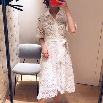 

Women Hollow Out Lace Dress Summer High Waist Belted Midi Dress 2020