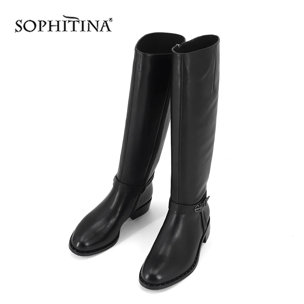 SOPHITINA/Сапоги женские до колена из высококачественной коровьей кожи, внутри ворсин. Женские ботфорты с ремешками и пряжками на низком каблуке. Дизайнерская удобная обувь на весну и осень. Стильные ботфорты. SC405