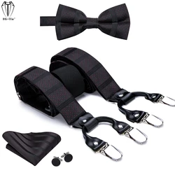 Brand 100% Silk Mens Suspenders Set Black Striped Red Dots 6 Clips Vintage Men Braces Bowtie Hankerchief Cufflinks Lot Optional